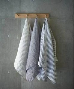 Fog Linen Work Chambray Linen Towel L "Navy White Stripes"