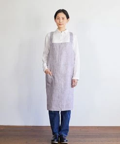 Fog Linen Work Cross Back Work Apron Grey White Stripes