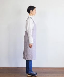 Fog Linen Work Cross Back Work Apron Grey White Stripes