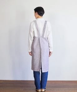 Fog Linen Work Cross Back Work Apron Grey White Stripes