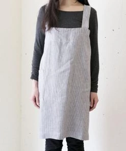 Fog Linen Work Linen Square Cross Apron Grey White Stripe
