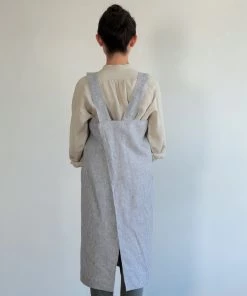 Fog Linen Work Linen Square Cross Apron Grey White Stripe