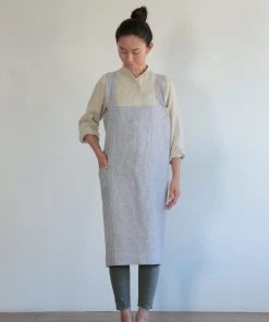 Fog Linen Work Linen Square Cross Apron Grey White Stripe