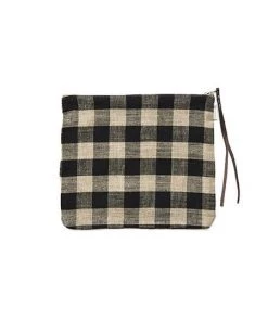 Fog Linen Work Canna Pouch Black Natural Checks Large