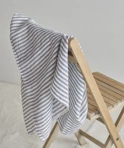 Fog Linen Work Chambray Linen Towel L "Navy White Stripes"